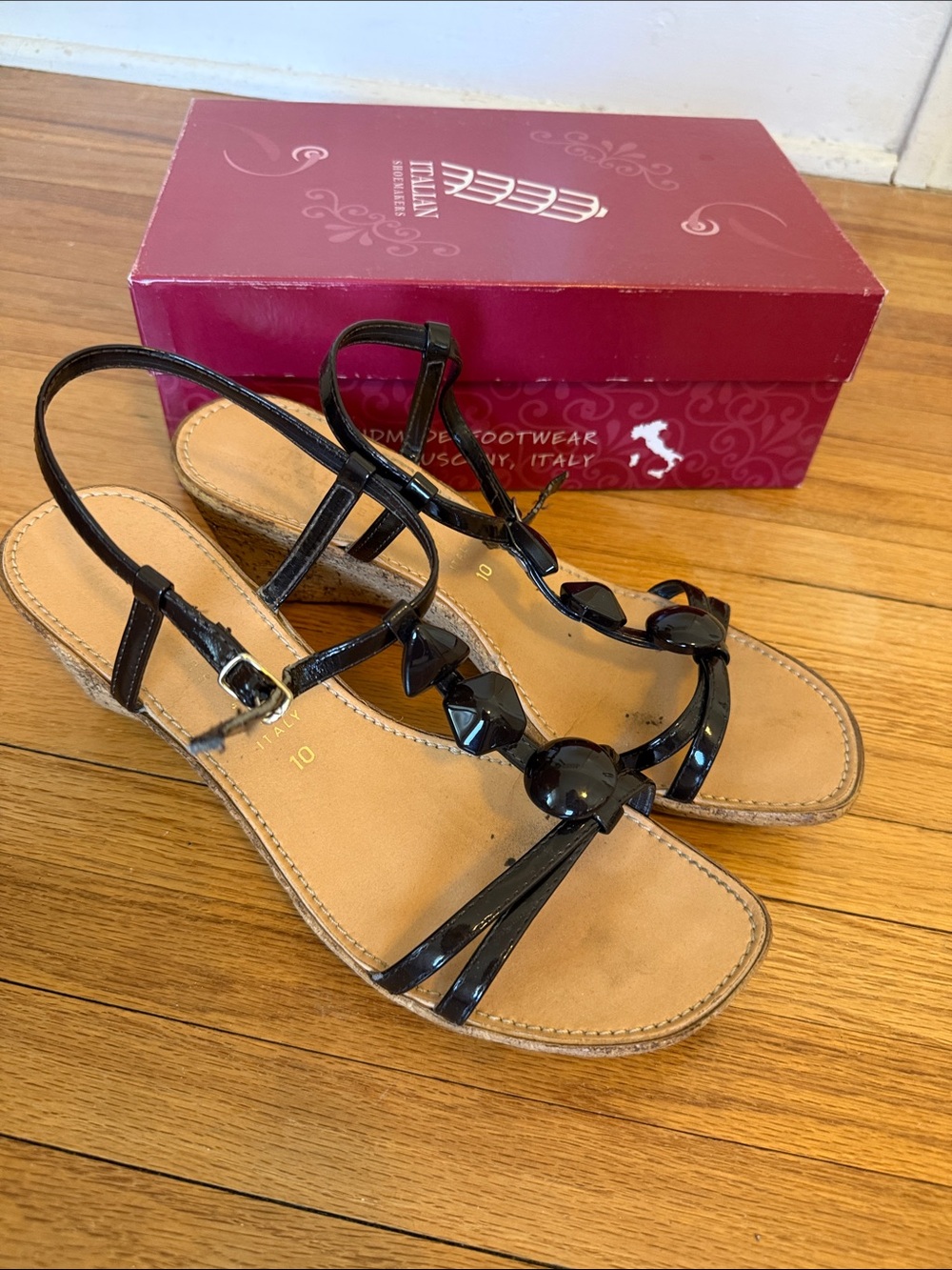 Italian Shoemakers Chocolate Brown Patent “Jeweled” Slingback Sandals